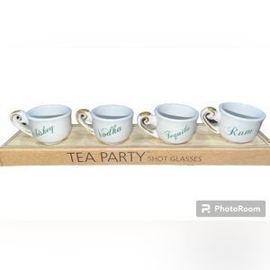 Tea Party Shot Glasses Set of 4 Blue Ceramic Tea Cups Whiskey Vodka Tequila Rum